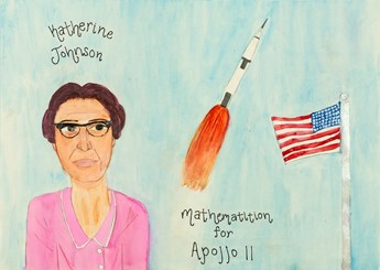 Illustration featuring Katherine Johnson, a rocket ship, and the American flag, highlighting her contributions to Apollo 11. Winner of the 2025 International Aviation Art Contest.