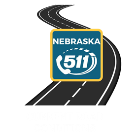 Nebraska 511 logo on a highway graphic with 'Current Road Conditions' text, linking to real-time travel updates.