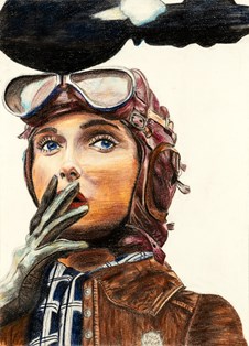 A woman wearing vintage aviator gear with goggles on her helmet looks surprised, covers her mouth with a gloved hand.  Winner of the 2025 International Aviation Art Contest.