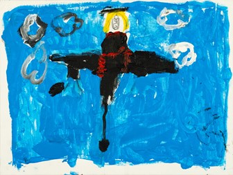 A painting of a person in a black suit flying in the sky. 2025 International Aviation Art Contest Honorable Mention.