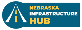 Nebraska Infrastructure Hub logo with a stylized highway icon, representing a resource for funding infrastructure projects.