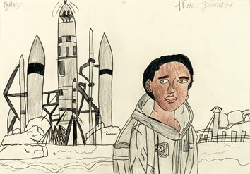 An illustration of Mae Jemison in a space suit, standing near a rocket launchpad with various spacecraft and structures present. Winner of the 2025 International Aviation Art Contest.