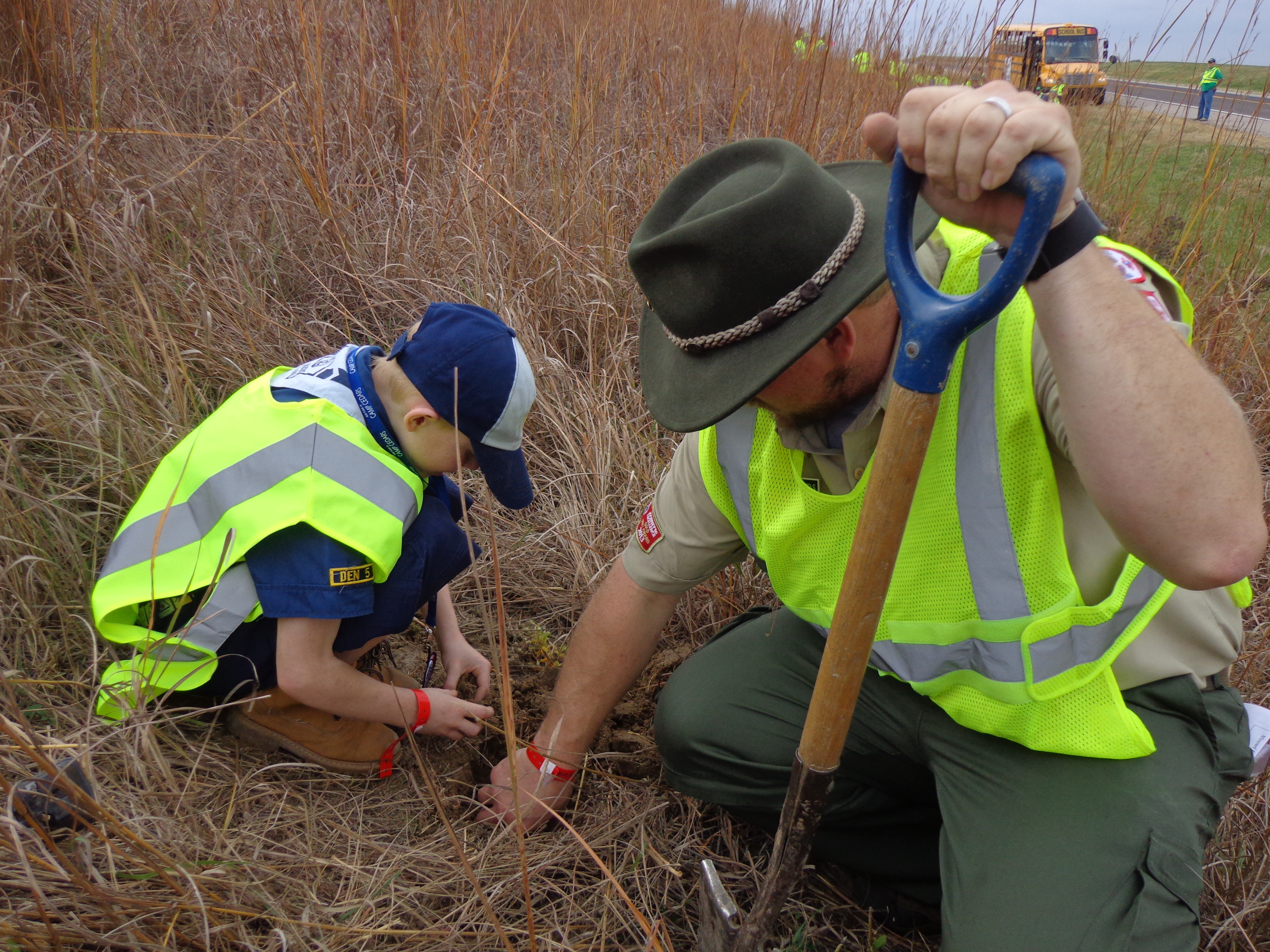 Boy Scout Jamboree participants planting milkweed seedlings on NDOR right-of-way. Courtesy of Mike Groenwald, NGPC.
