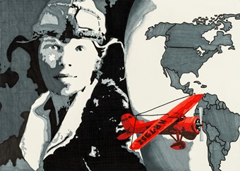 Black and white illustration of a pilot in vintage aviation gear standing beside a red biplane. A map of America in the background. Winner of the 2025 International Aviation Art Contest.