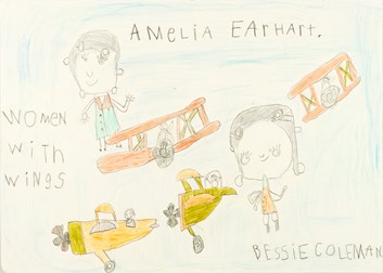 A colorful drawing of two historic aviators, Amelia Earhart and Bessie Coleman, surrounded by planes and the text "Women with Wings." 2025 International Aviation Art Contest winner.