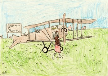 Illustration of a vintage biplane parked on a grassy field, with a pilot in early aviation attire standing beside it. A sign in the background advertises a barnstorming show. The blue sky is clearn and there are tiny buildings in the distance. 2025 International Aviation Art Contest winner.